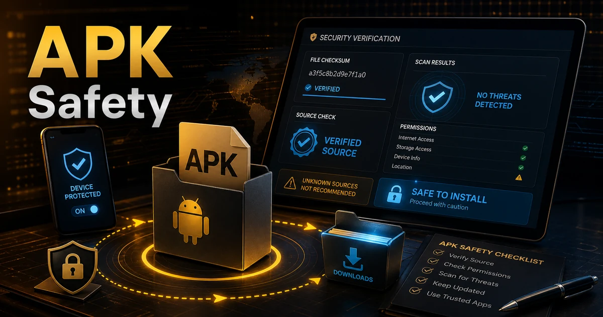 APK download safety guide showing file verification, scan checks and secure installation workflow.