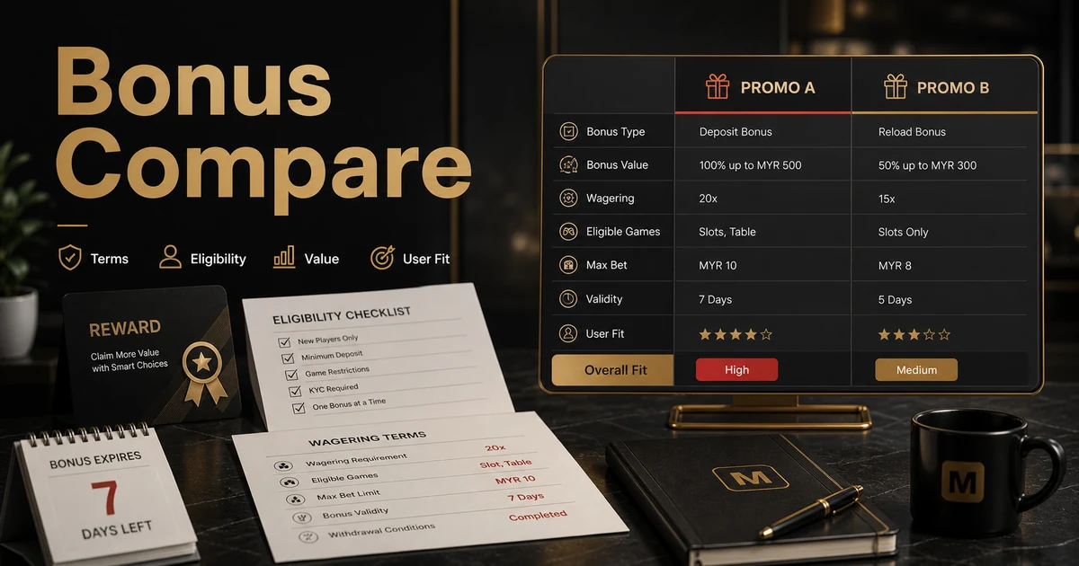 Casino promotion comparison guide showing eligibility, wagering terms, expiry and claim checklist.