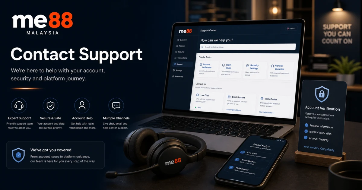 Contact Support cover showing ME88 Malaysia support dashboard, headset, account verification and secure help center workflow.