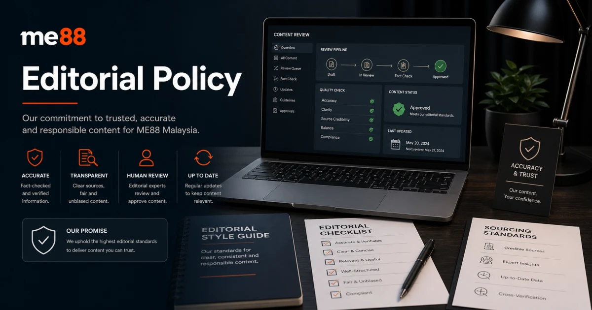 Editorial Policy cover showing ME88 Malaysia content review dashboard, editorial checklist, accuracy checks and update workflow.