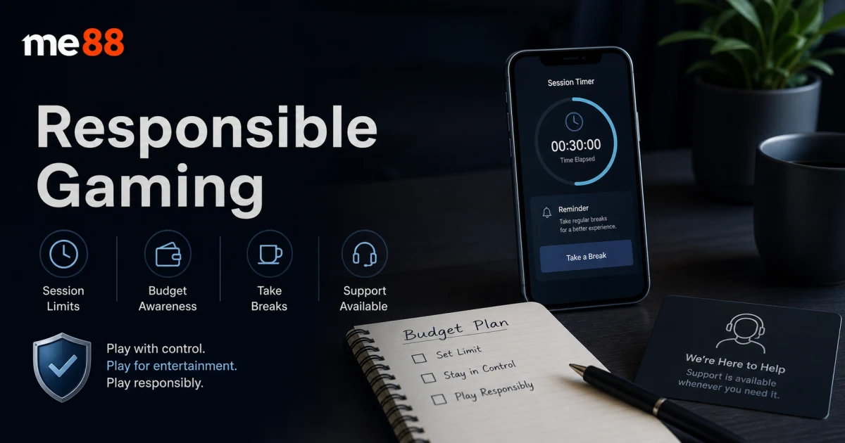 Responsible Gaming cover showing session limits, budget awareness, break reminders and support resources for ME88 Malaysia users.