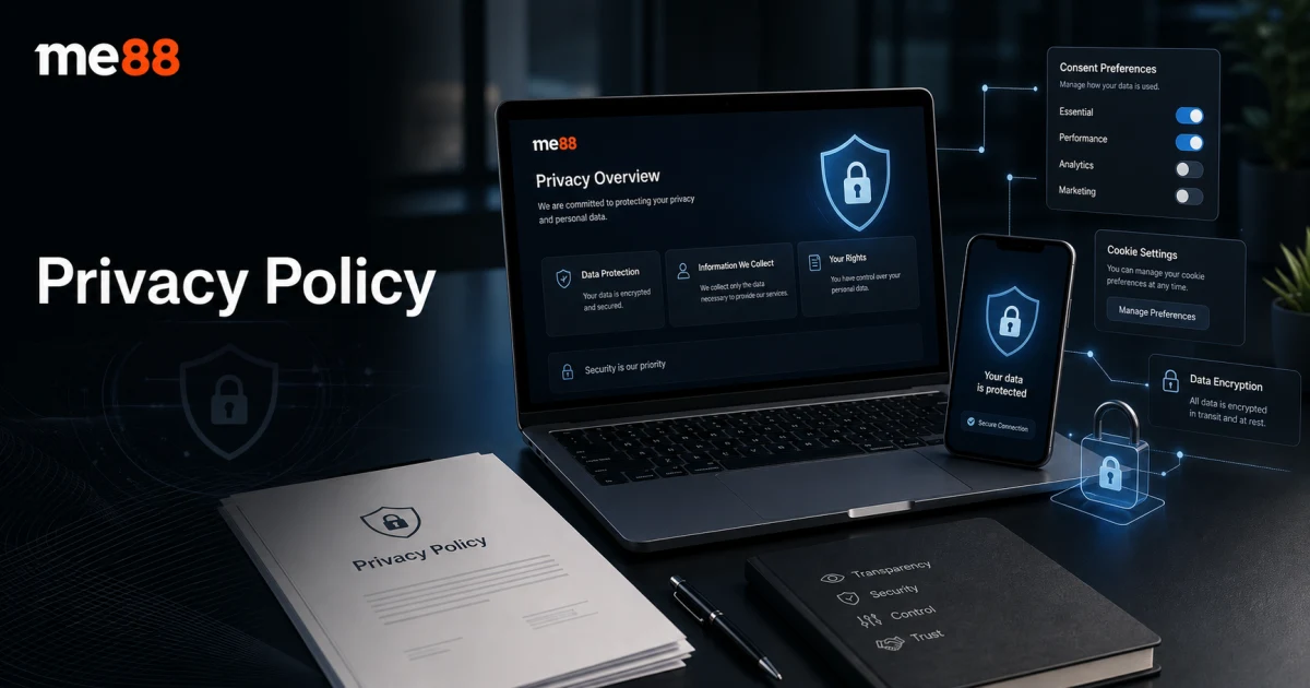 ME88 Privacy Policy cover showing privacy dashboard, secure laptop, smartphone lock, consent settings and data protection cues.