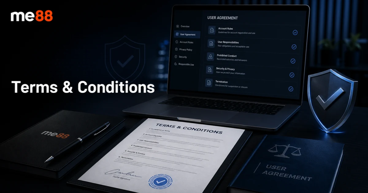 ME88 Terms and Conditions cover showing user agreement dashboard, legal document, account rules checklist and security shield.