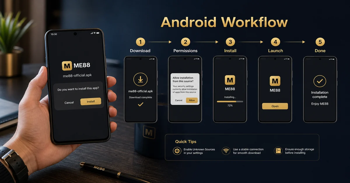 Android Installation Workflow Android installation workflow showing download, permissions, install, launch and completion steps for ME88 Malaysia access.