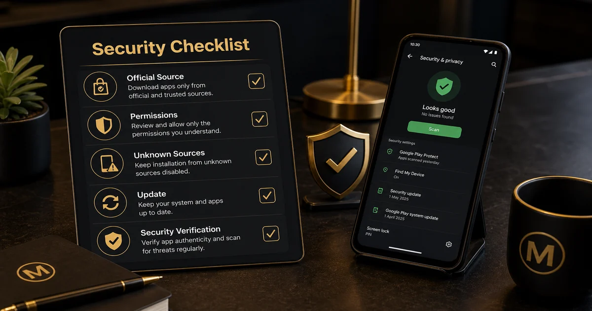 Android Security Checklist Android security checklist showing official source, permissions, unknown sources, updates and verification checks.