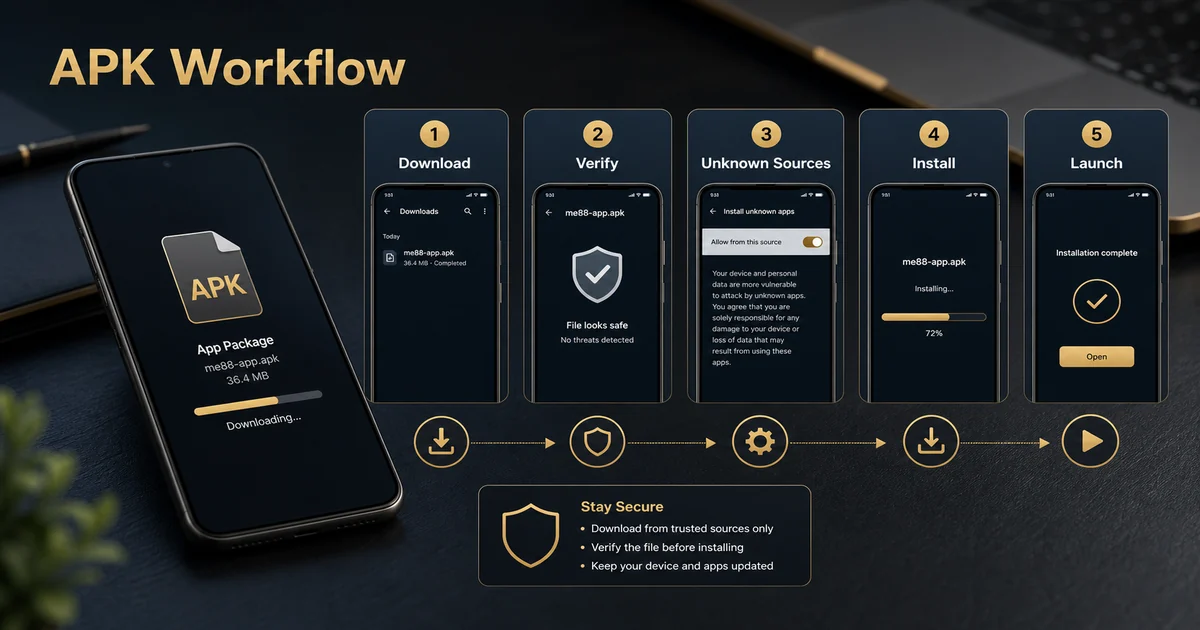 APK Installation Workflow APK installation workflow showing download, verification, unknown sources, install and launch steps.