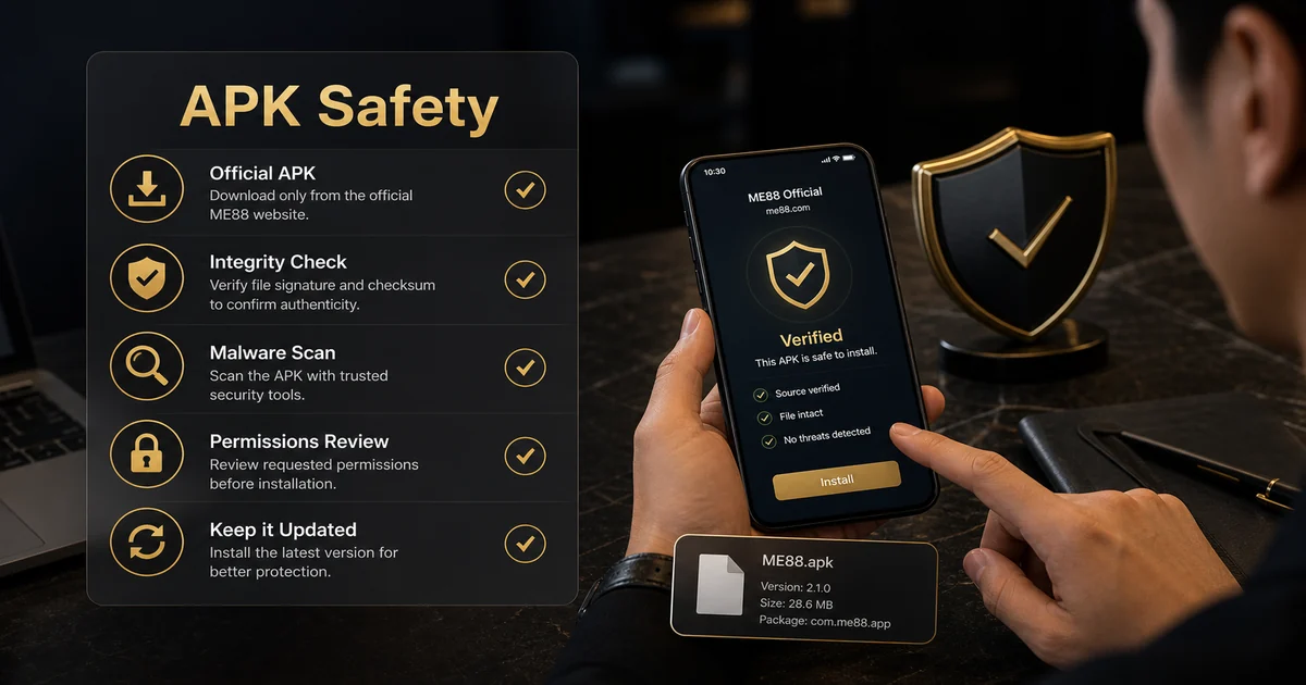 APK Safety Checklist APK safety checklist showing official APK source, integrity check, malware scan, permissions and update review.