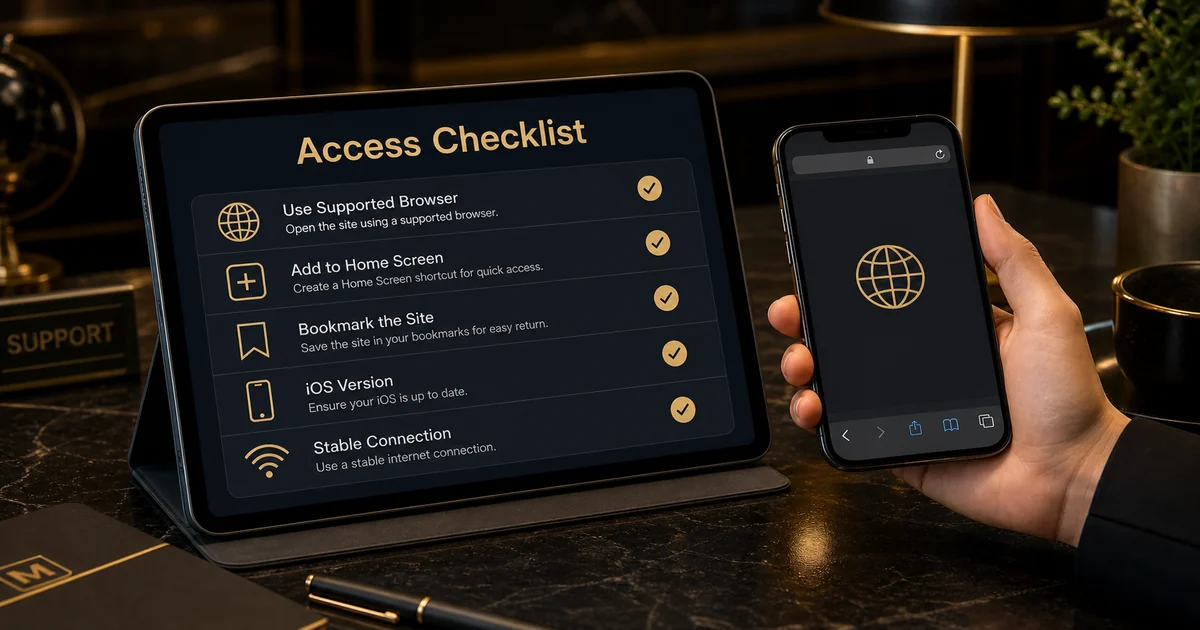 iPhone Access Checklist iPhone access checklist showing browser access, home screen shortcut, bookmark, iOS version and connection checks.