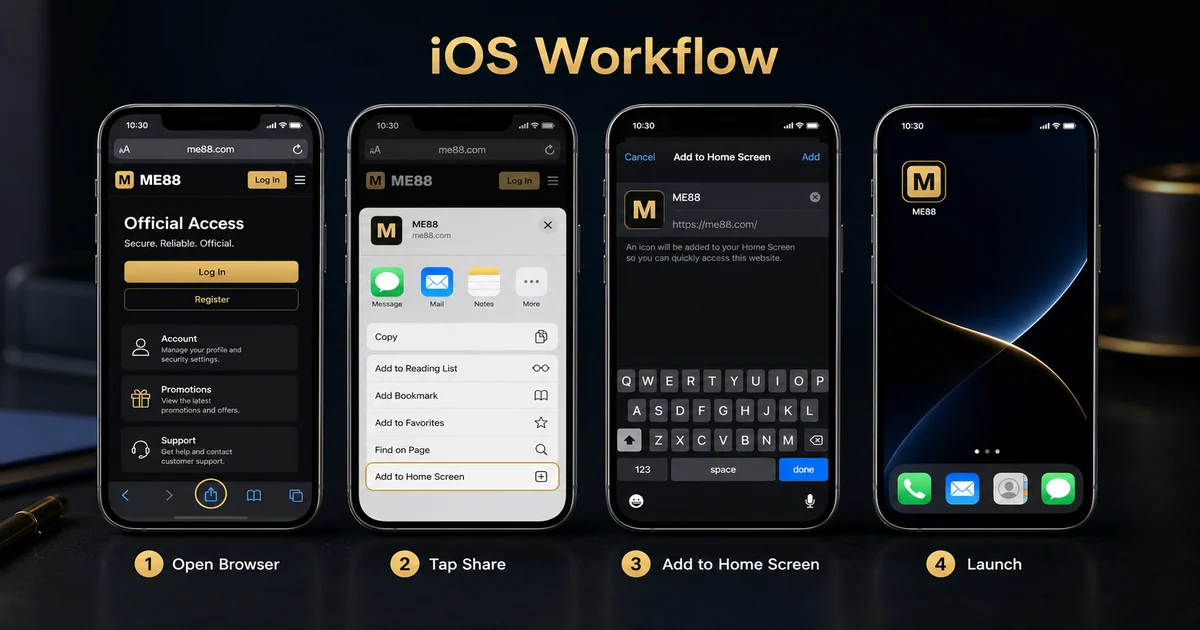 Safari to Home Screen Workflow iOS access workflow showing browser access, share action, add to home screen and launch steps.