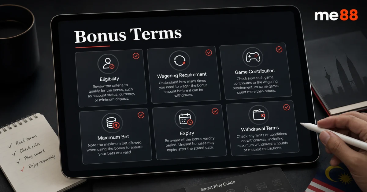 Bonus Terms Explained Bonus terms explained with eligibility, wagering requirement, game contribution, maximum bet, expiry and withdrawal terms.