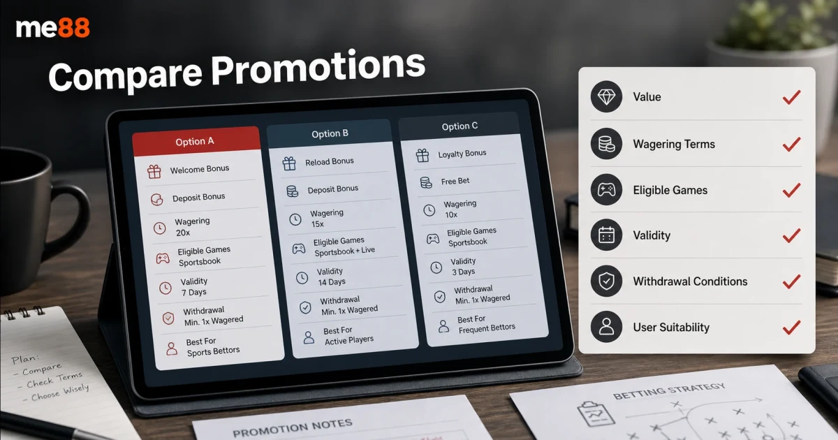 How to Compare Promotions Promotion comparison figure showing bonus value, wagering terms, eligible games, validity, withdrawal conditions and user suitability.