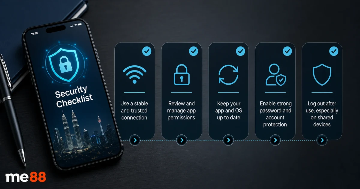 Mobile access and security checklist with stable connection, permissions, updates and account protection cues.