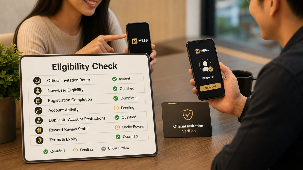 Referral eligibility checklist showing official invitation route, new user eligibility, account activity and reward review status.