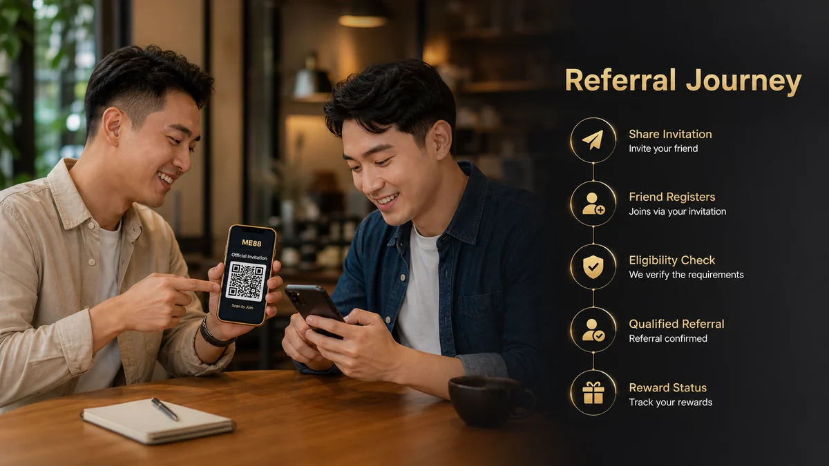 Referral journey showing an official invitation being shared, friend registration and eligibility review.