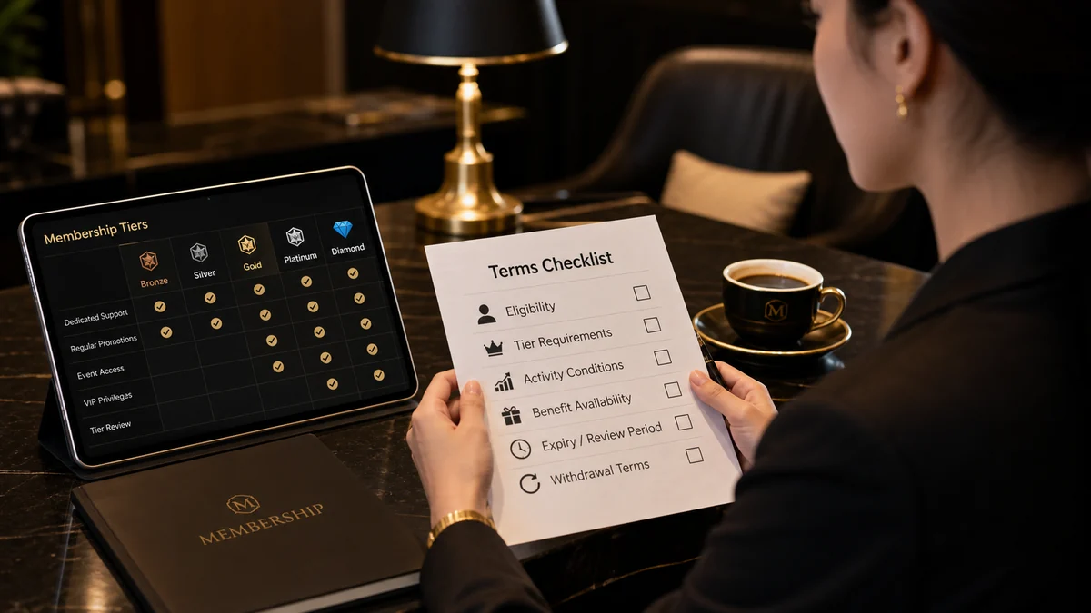 VIP Reward Checklist VIP benefits and terms checklist showing eligibility, tier requirements, activity conditions and review periods.
