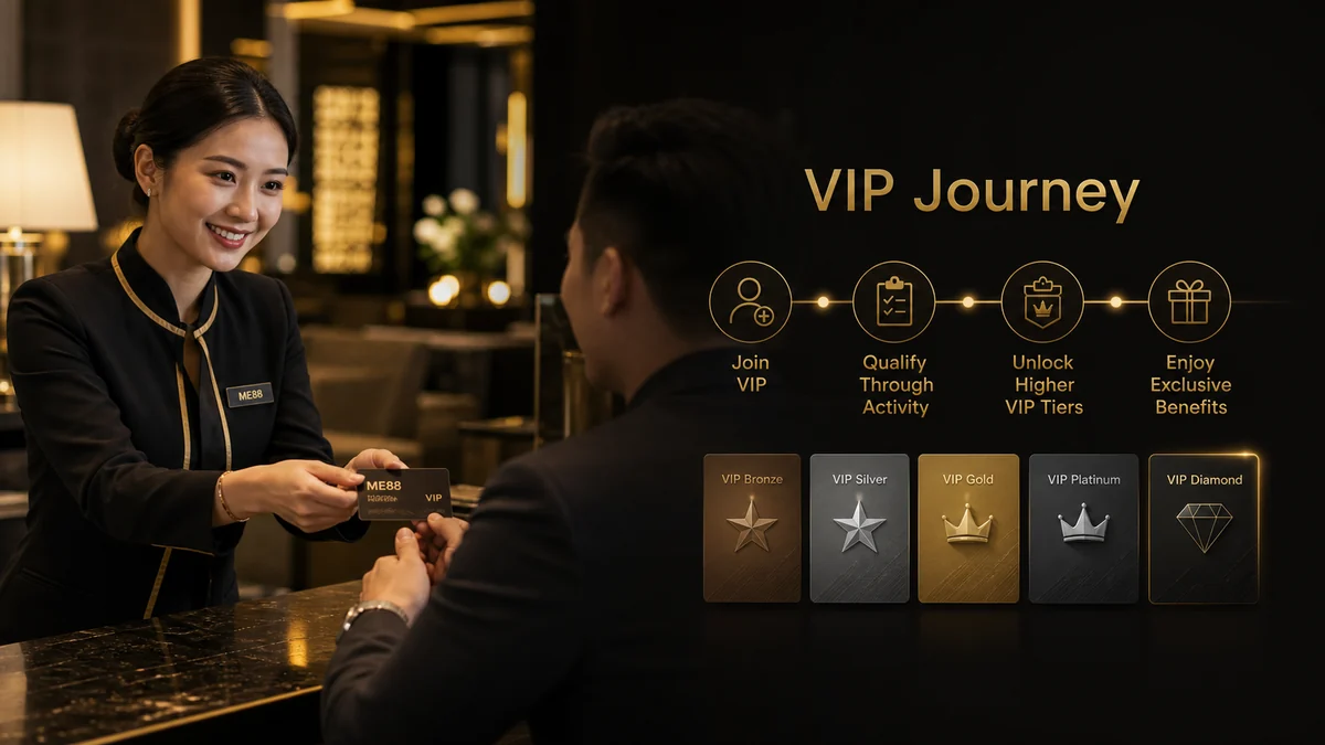 ME88 VIP Promotion Malaysia VIP membership journey showing member progression from joining and qualifying to tier review and relevant benefits.