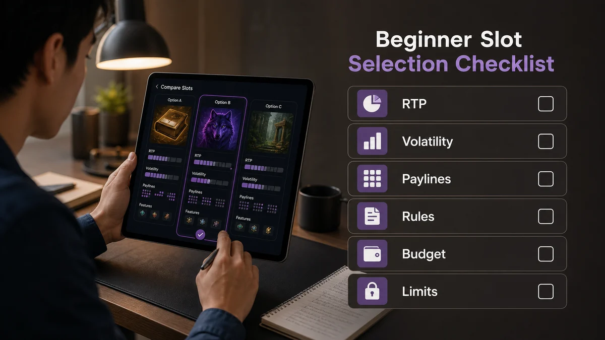 Beginner slot selection checklist showing RTP, volatility, paylines, feature rules, session budget and responsible limits.