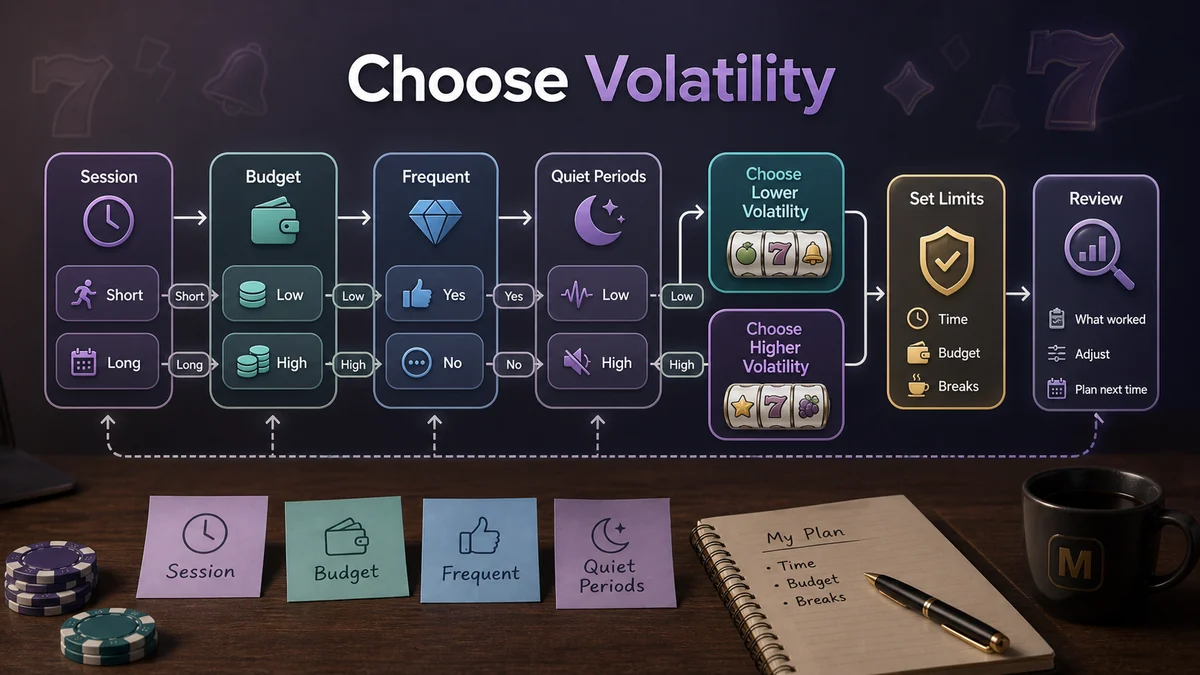 Slot volatility decision flow based on session length, budget, outcome preference and responsible limits.