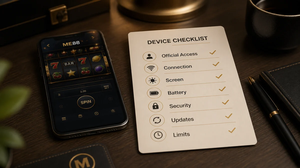 Mobile slot access checklist covering official access, connection, screen readability, battery, device security, updates and limits.