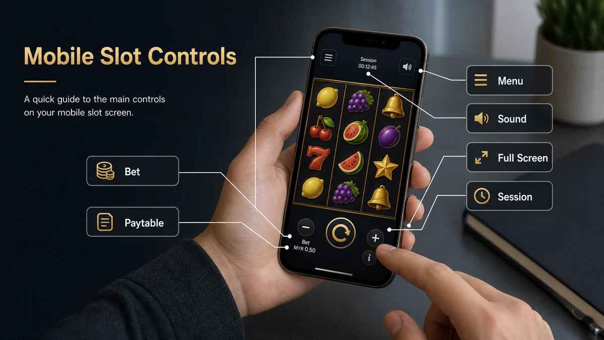 Mobile slot screen controls showing bet controls, paytable access, menu, sound, full-screen mode and session information.