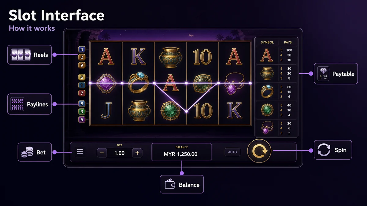 Annotated online slot interface explaining reels, paylines, paytable, bet controls, spin button and balance display.