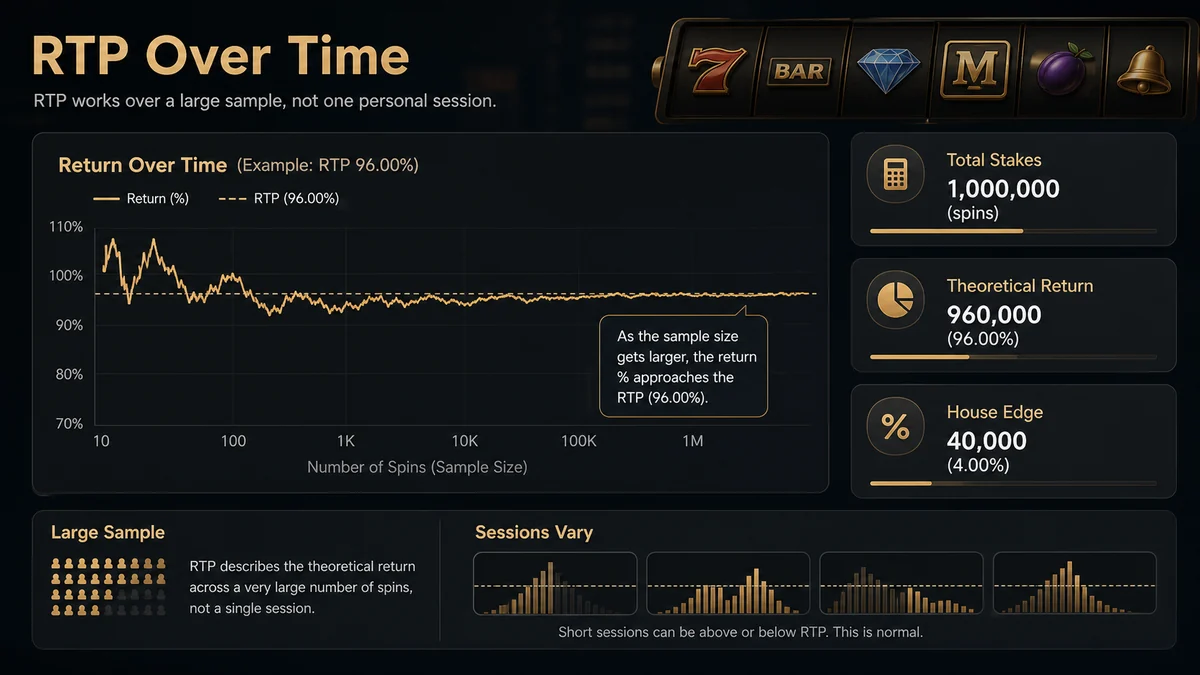 RTP over time chart explaining total stakes, theoretical return, house edge, large sample size and session variation.