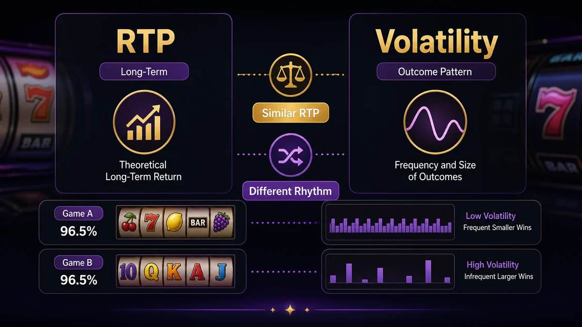 Side-by-side RTP versus volatility comparison showing theoretical return and outcome rhythm differences.