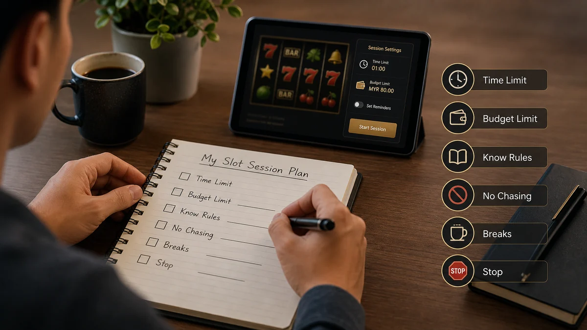 Safer slot session setup showing time limit, budget limit, rules review, no chasing losses, breaks and stop point.