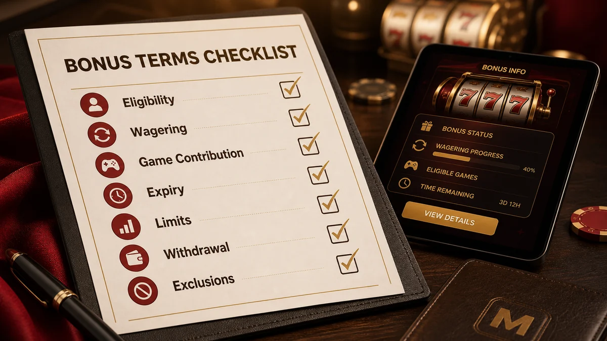 Slot bonus terms checklist showing eligibility, wagering, game contribution, expiry, limits, withdrawal and exclusions.