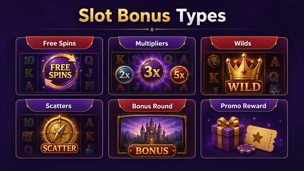 Slot bonus feature types explaining free spins, multipliers, wilds, scatters, bonus rounds and promotion rewards.