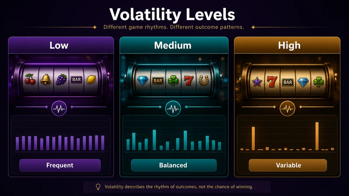Low, medium and high slot volatility comparison showing outcome frequency, typical size and session variation.