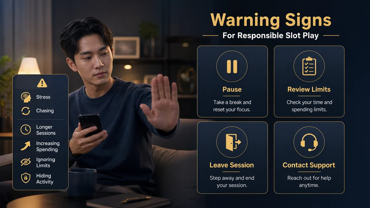 Responsible slot warning signs and calm actions showing pause, review limits, leave session and contact support.