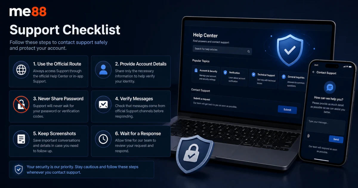 Contact Support Checklist Contact support checklist showing official route, account details, password safety, message verification, screenshots and response follow-up.