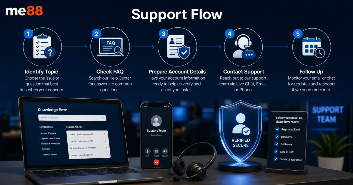 ME88 Support Flow ME88 support flow showing identify topic, check FAQ, prepare account details, contact support and follow up.
