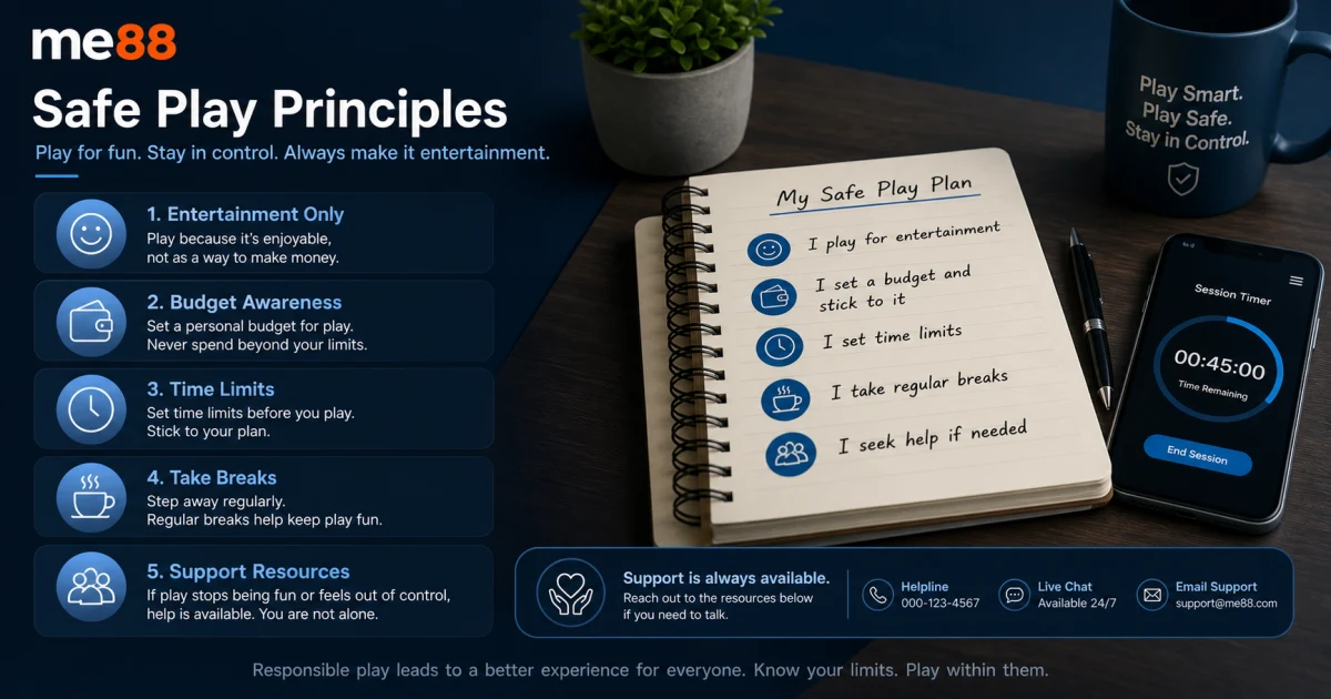Safe play principles showing entertainment only, budget awareness, time limits, breaks and support resources.