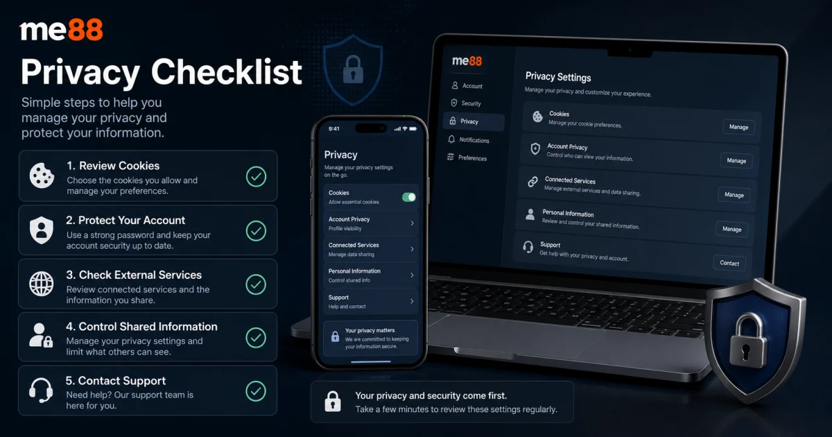 Privacy checklist showing cookies, account protection, external services, shared information and support contact checks.