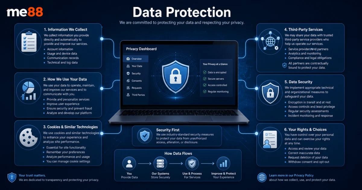Data protection overview showing information collected, data usage, cookies, security, third-party services and user rights.