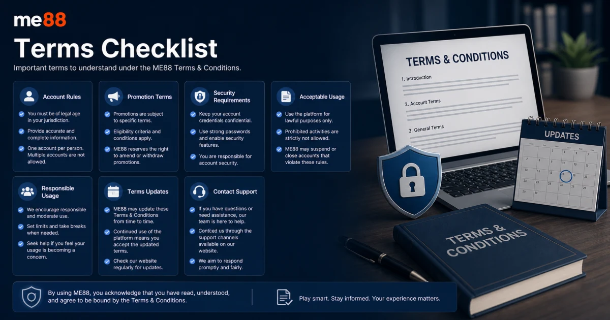Important Terms Checklist Important terms checklist showing account rules, promotion terms, security requirements, acceptable usage, responsible usage and terms updates.