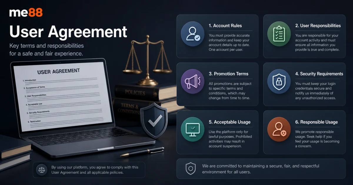 User Agreement Overview User agreement overview showing account rules, user responsibilities, promotion terms, security requirements, acceptable usage and responsible usage.