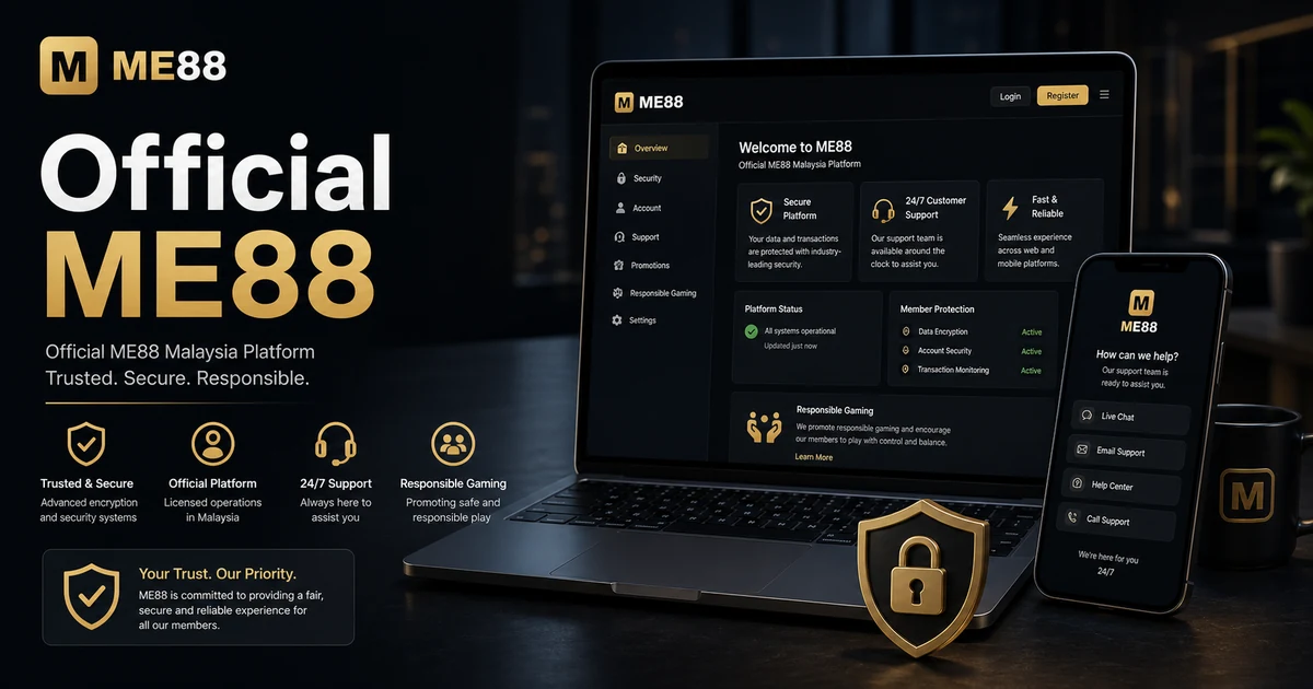 Official ME88 Malaysia brand cover showing laptop, mobile access, security verification, responsible gaming and support interface.