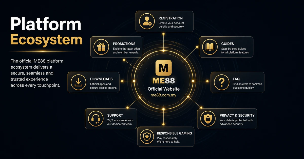 ME88 Malaysia official platform ecosystem showing registration, promotions, guides, downloads, support and responsible gaming.