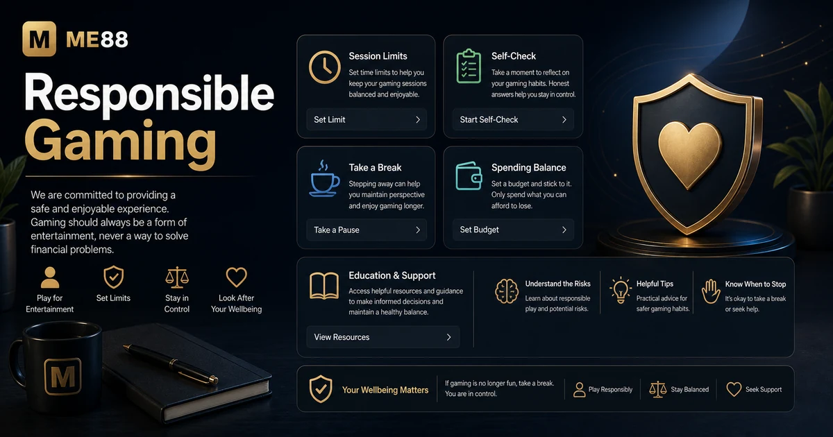 Responsible gaming overview for ME88 Malaysia showing limits, safety checks and user-first reminders.