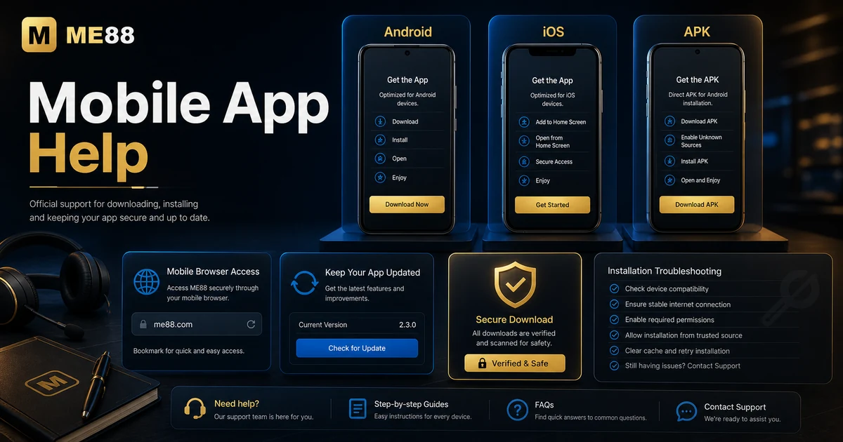 ME88 Downloads and Mobile App support cover showing Android, iOS, APK, browser access and installation troubleshooting workflow.