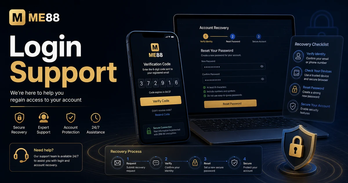 ME88 Login and Account Recovery support cover showing secure login, password reset and account protection workflow.