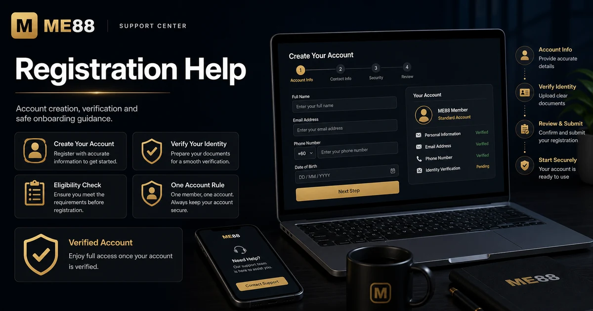 ME88 Malaysia registration and account support cover showing secure account setup guidance.